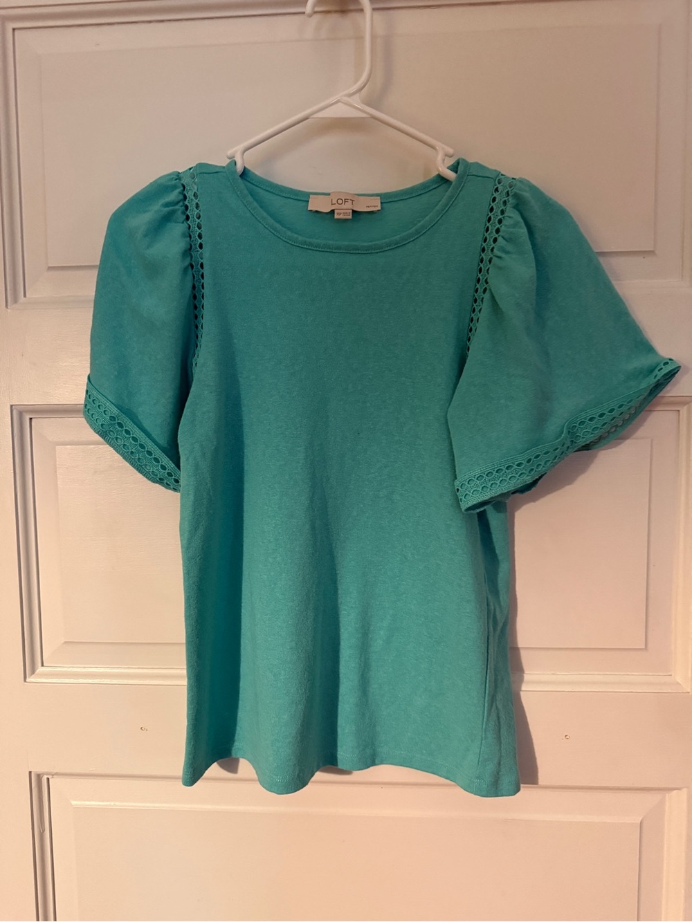 LOFT Teal Puff-Sleeve Eyelet Knit Top